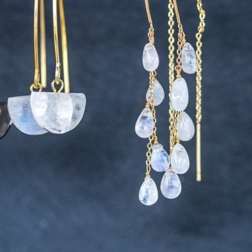 Moonstone Threader Earrings Gemstone Dangle Gold Non-tarnish Earrings Gorgeous - Picture 3 of 13